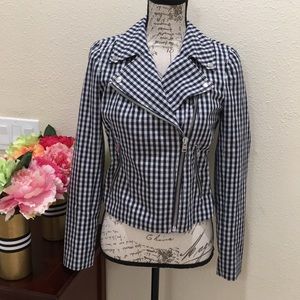 J Crew Motorcycle Jacket Gingham Navy Size 2 NWOT